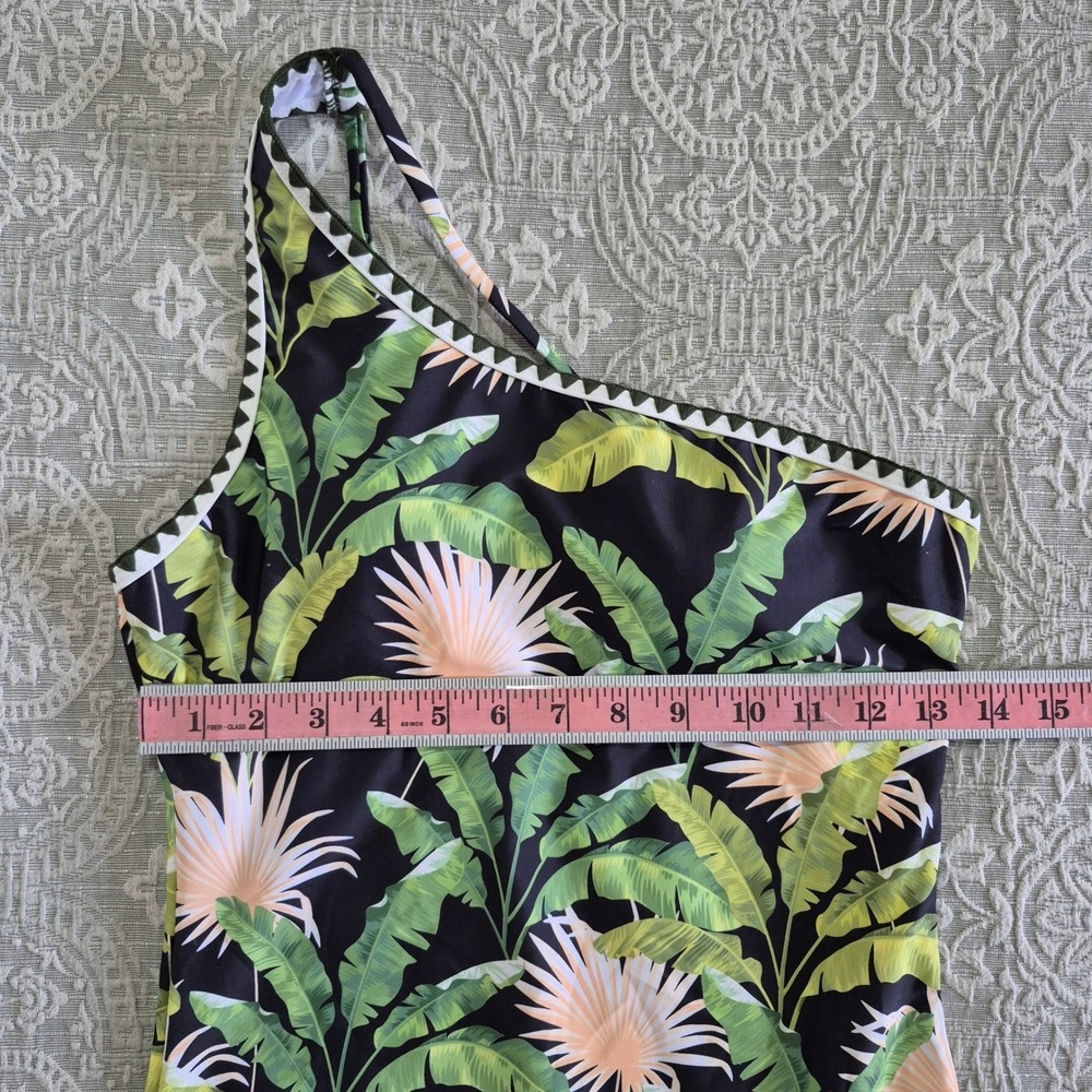 Tropical Palm Leaf One Shoulder One Piece Swimsuit Green Black Scalloped Size M - Picture 3 of 8